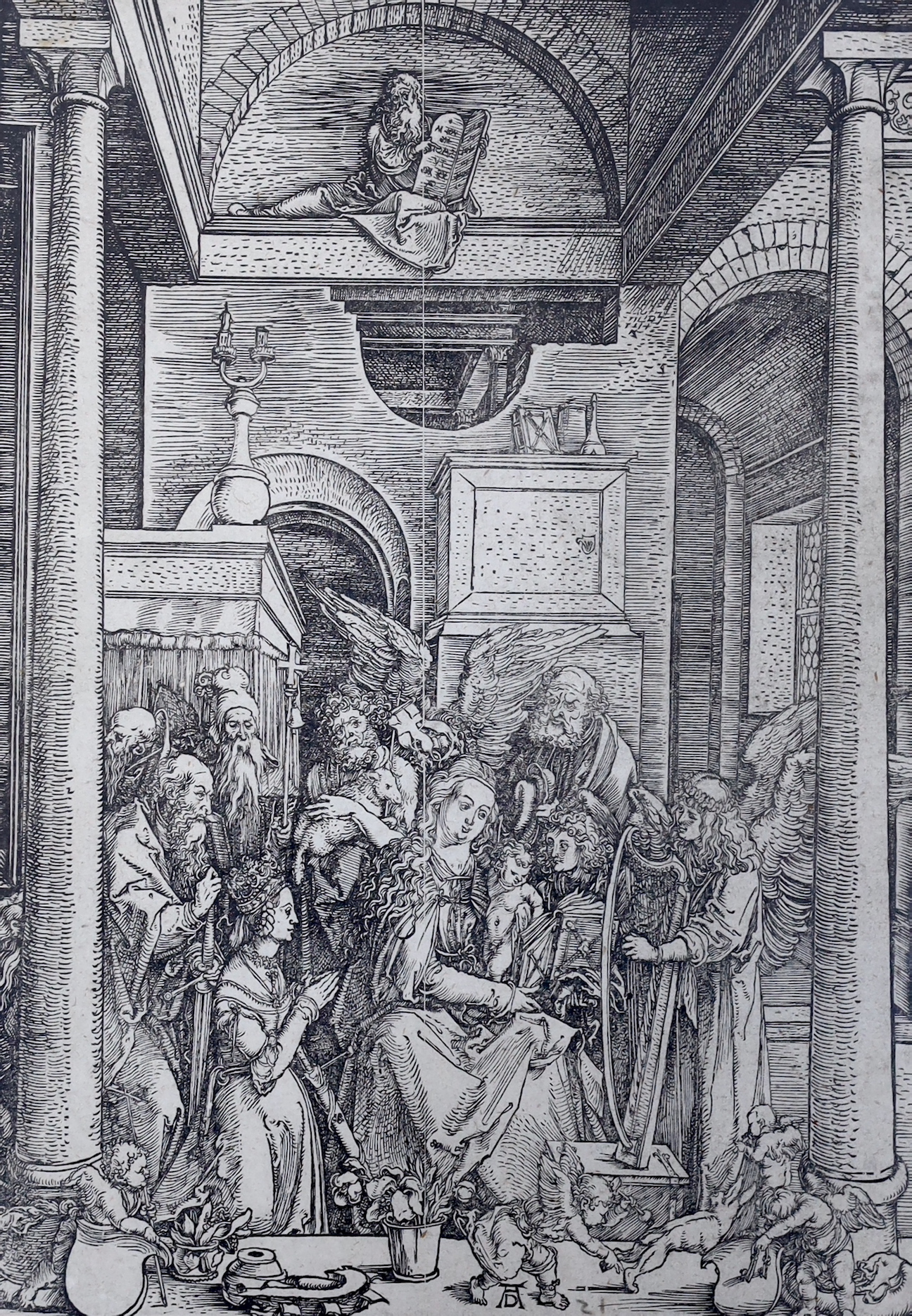 After Albrecht Durer (German, 1471-1528) woodcut, possibly 18th century, ‘The Virgin in Glory', details verso, 30 x 21cm
